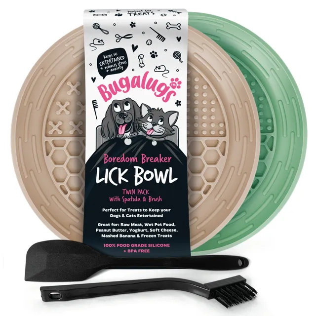 bugalugs-twin-pack-pet-lick-bowl-f-r-hunde-katzen-beige-gr-n image 1