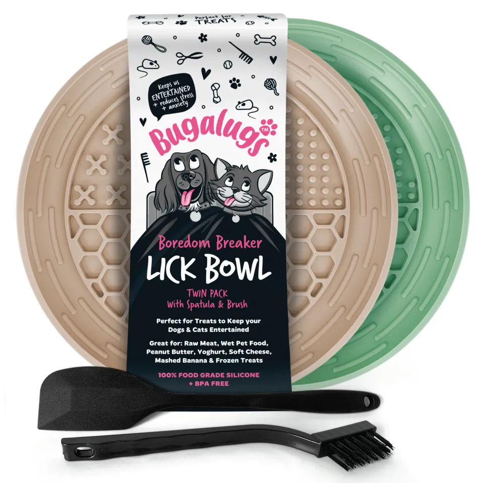 bugalugs-twin-pack-pet-lick-bowl-f-r-hunde-katzen-beige-gr-n image 1