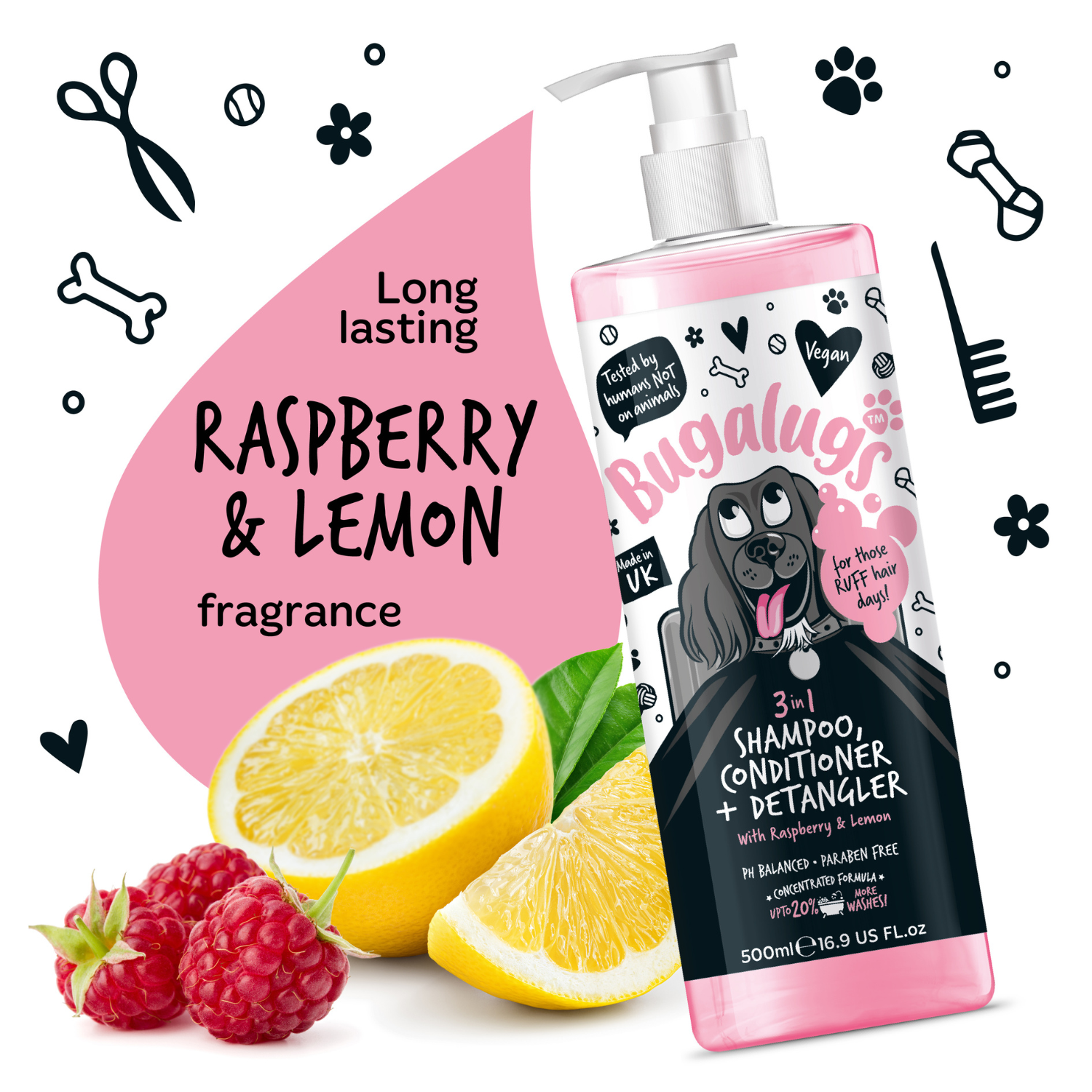 bugalugs-3-in-1-raspberry-lemon-hundeshampoo-conditioner-detangler image 2