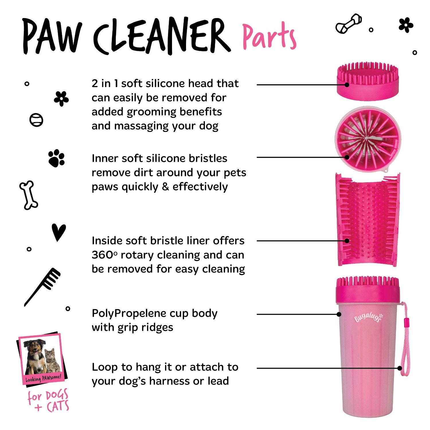 bugalugs-paw-cleaner-cup-f-r-hunde-gro-pink-2-in-1-pfotenreiniger-mit-b-rstenkop image 2