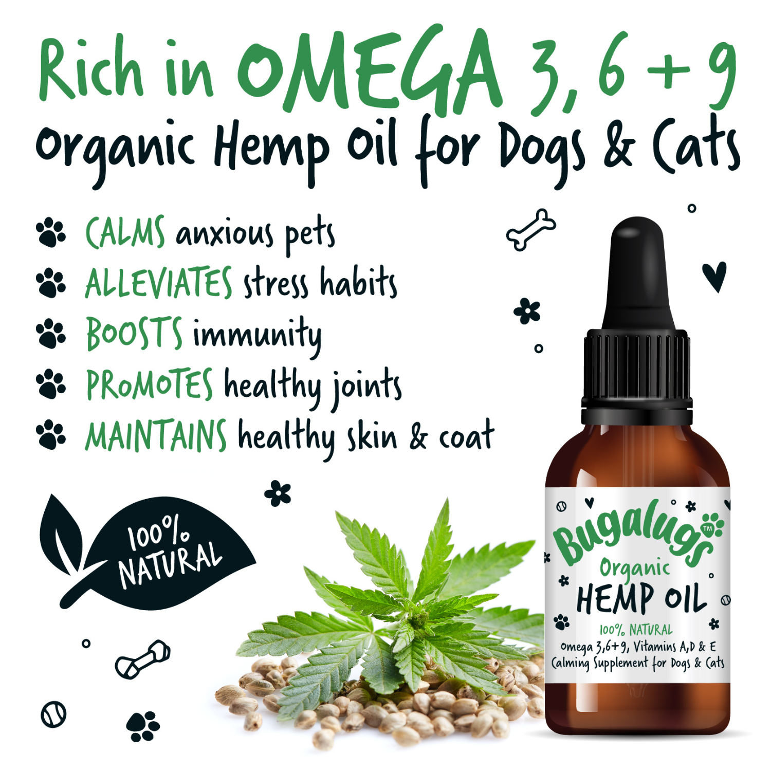 bugalugs-organic-hemp-oil-100-nat-rliches-beruhigungs-l-f-r-hunde-katzen-mit-ome image 3